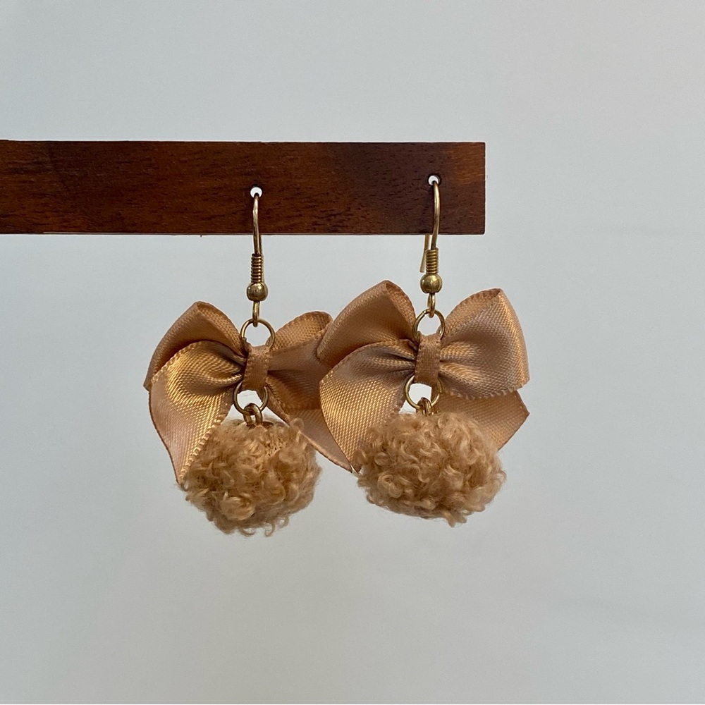 4/$15 Gold Tan Silk Bow Furry Ball Drop Earrings